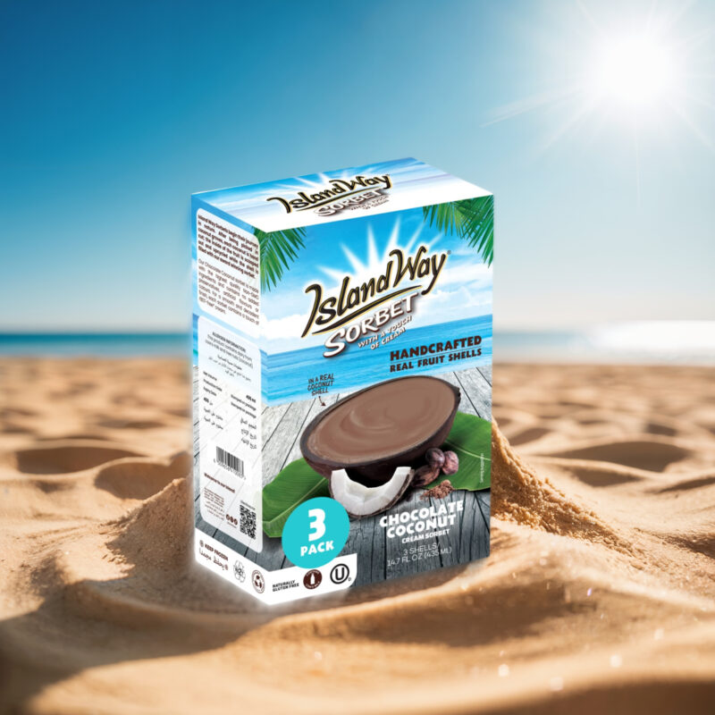 Pack de 3 sorbets Island Way Chocolat Noix de Coco, en coques naturelles, posé sur le sable au soleil