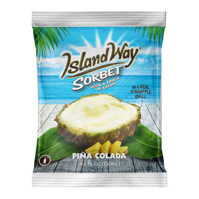 Packaging individuel du sorbet Piña Colada Island Way – en véritable coque d’ananas