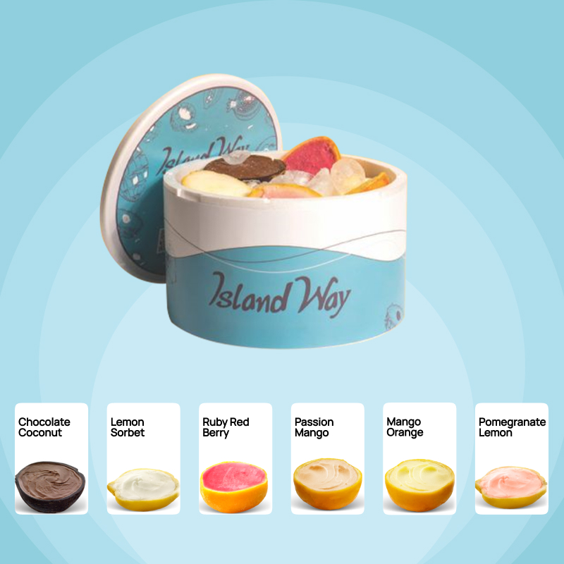Coffret de 6 sorbets Island Way : Chocolate Coconut, Lemon Sorbet, Ruby Red Berry, Passion Mango, Mango Orange et Pomegranate Lemon