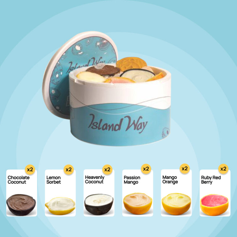 Coffret de 12 sorbets Island Way avec assortiment complet de parfums exotiques en coques naturelles