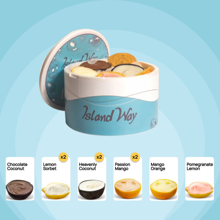 Coffret de 9 sorbets Island Way : 2x Lemon Sorbet, 2x Heavenly Coconut, 2x Passion Mango, Chocolate Coconut, Mango Orange, Pomegranate Lemon