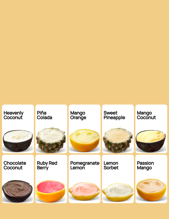 Visuel des 10 parfums de sorbets Island Way pour les professionnels, servis dans des coques de fruits naturelles