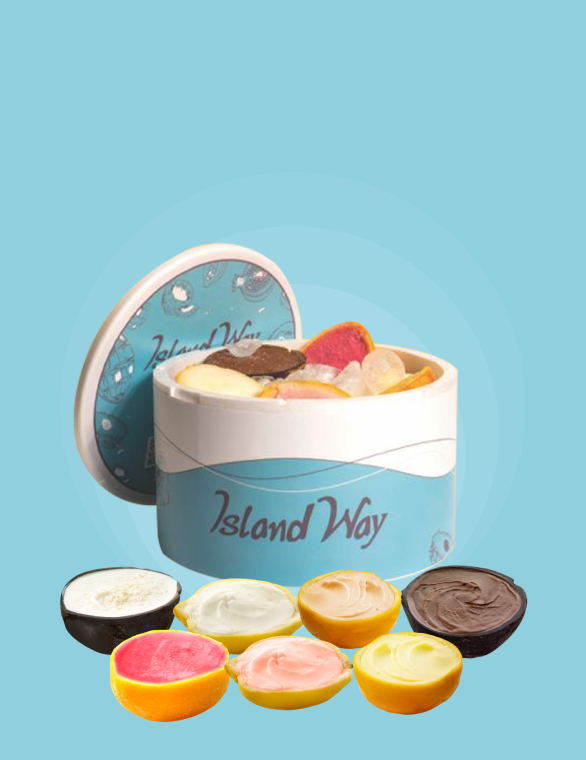 Coffret Island Way avec des sorbets servis dans des coques naturelles, idéal à partager en famille ou entre amis