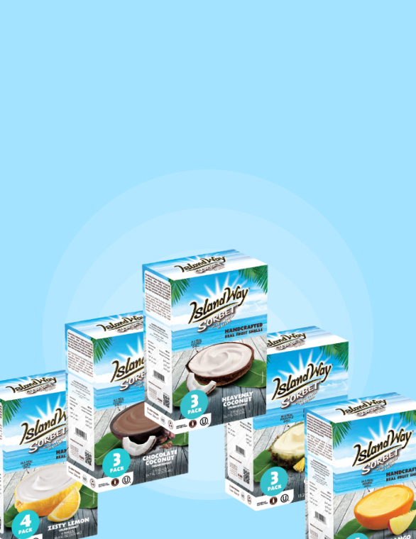 Packs individuels Island Way avec sorbet en coque naturelle présentés en visuel lumineux sur fond bleu
